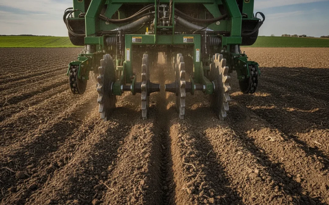 Steel closing wheels mounted on a farm planter closing the seed furrow after planting