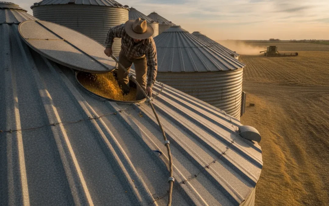Farmer checking grain condition at a large steel grain bin with a temperature monitoring cable