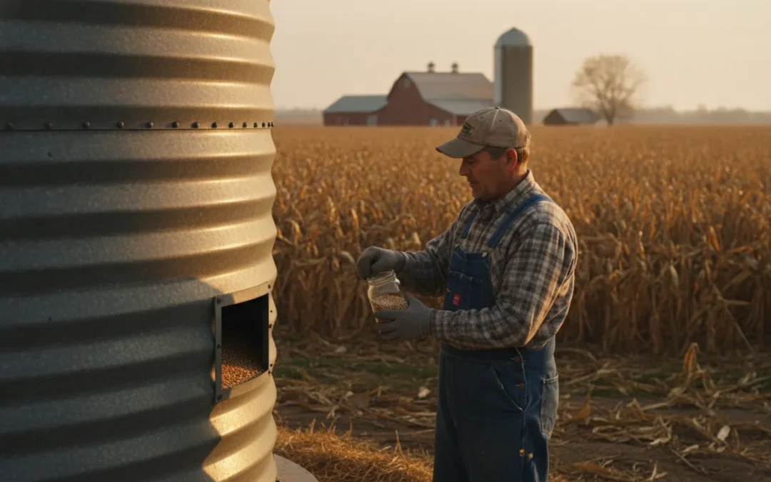Farmer inspecting a galvanized steel grain bin at golden hour on a farmstead